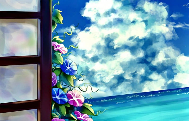 Beautiful morning, cloud, window, ocean, manga, sky, sea, morning glory, anime, flower, white, pink, blue, HD wallpaper