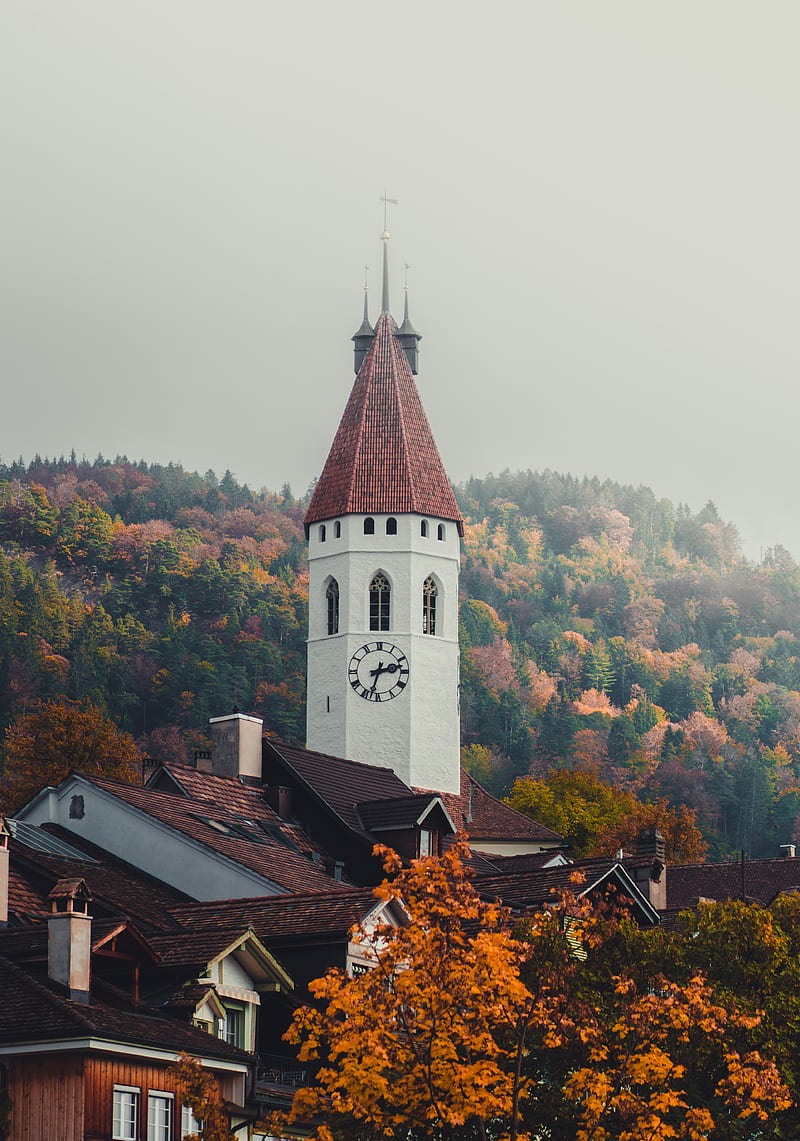 chapel, tower, architecture, buildings, trees, autumn, HD phone wallpaper