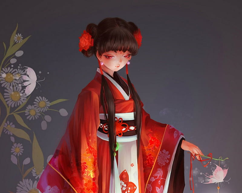 Girl in Red Kimono, art, kimono, girl, anime, HD wallpaper | Peakpx