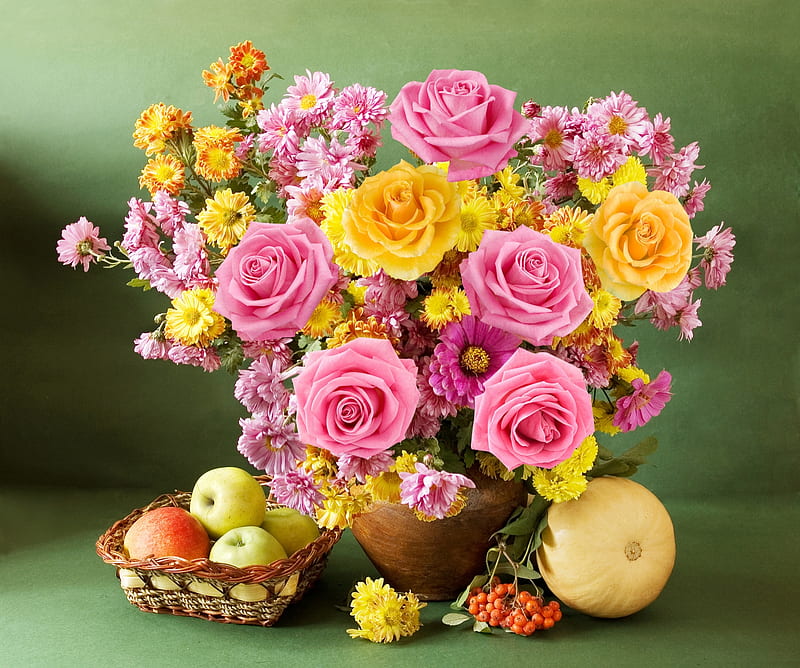 Still life, apple, autumn, yellow, vase, green, pumpkin, basket, flower, roe, pink, HD wallpaper