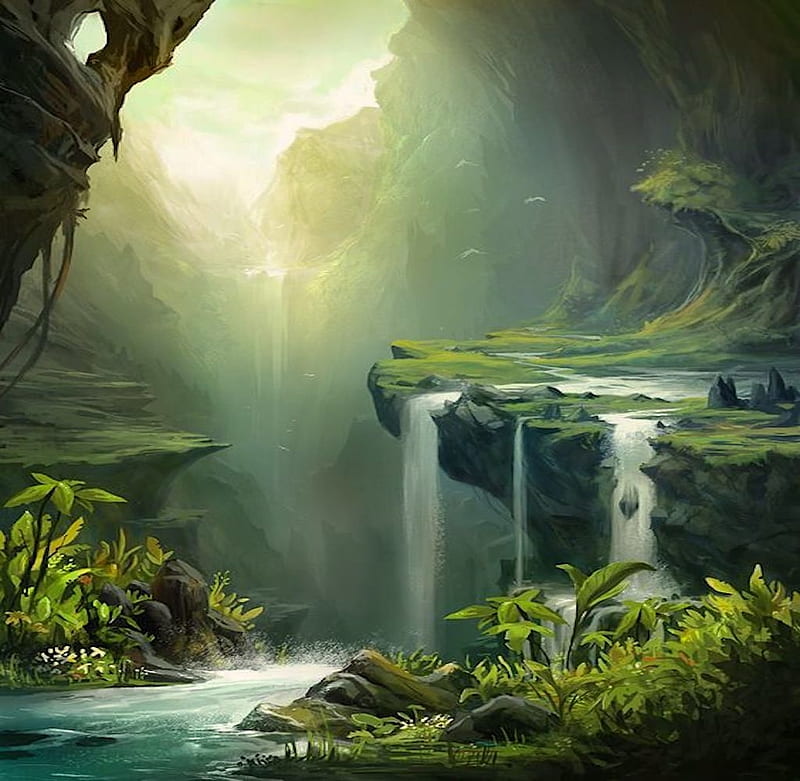 Green valley, colorful, art, sun, bonito, valley, mountain, fantasy, water, splendor, green, jungle, waterfall, peaceful, nature, HD wallpaper