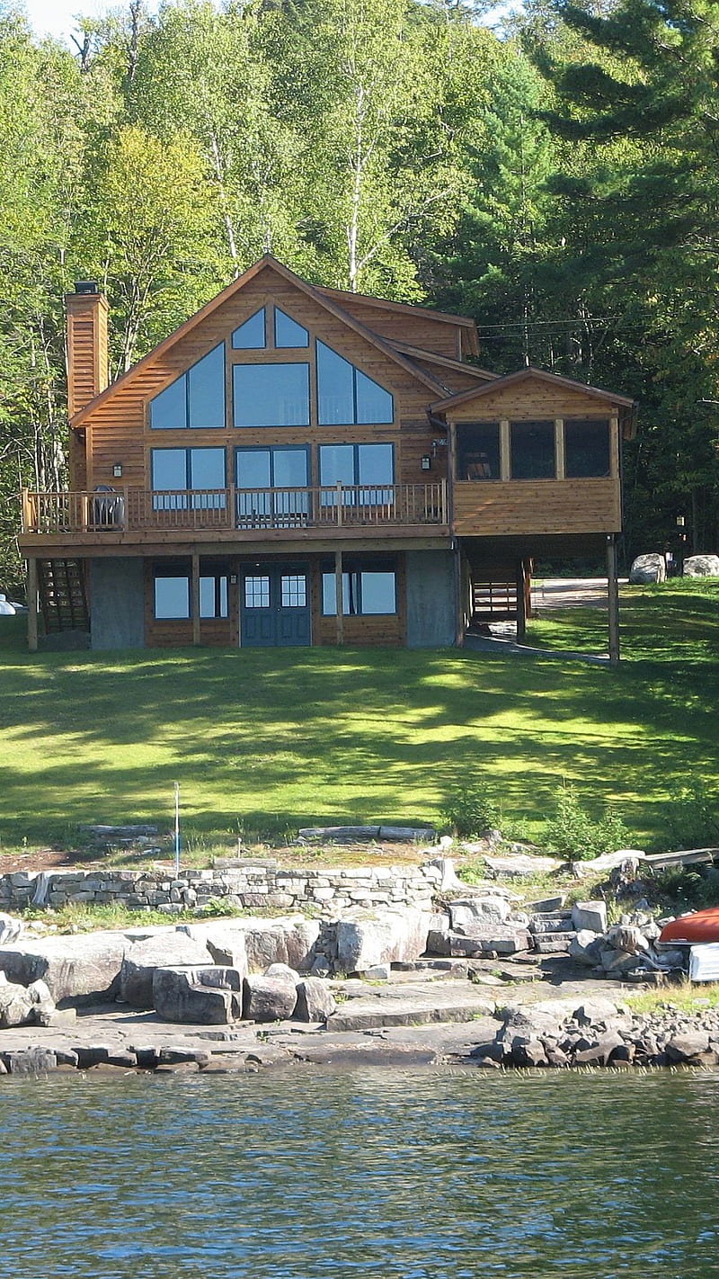 Log Cabin, lake, porches, windows, HD phone wallpaper