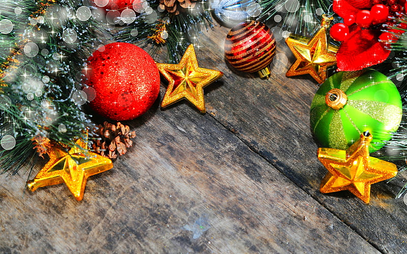 Xmas decoration, stars, red balls, Christmas, wooden background, Merry Christmas, colorful decorations, Happy New year, HD wallpaper