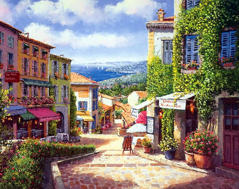 Sunny mediterranean, pretty, mediterranean, art, lovely, town, sunny, bonito, sky, markets, nice, painting, summer, flowers, street, HD wallpaper