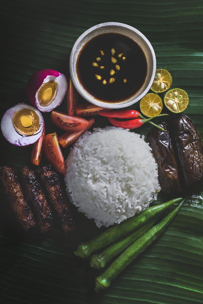 white rice, steamed okra, grilled eggplant, and salted egg, HD phone wallpaper