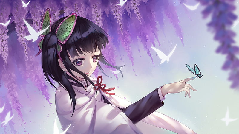 Demon Slayer Shinobu Kochou Enjoying Butterfly On Finger With Background Of Purple Flowers And Flying Butterflies Anime Hd Wallpaper Peakpx
