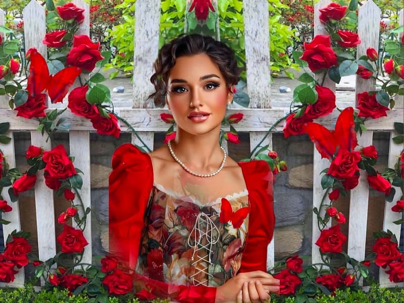 Angelicly Radient In Red Roses, colorful, white, vibrant, roses, climbers, girl, dress, butterflies, vivid, fence, green, red, bright, bold, flowers, HD wallpaper