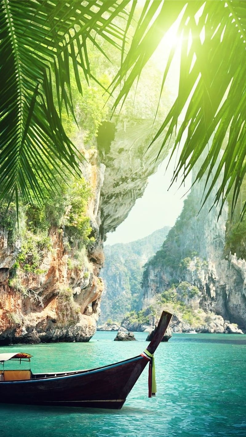 Thailand Beach, nature, boat, mountains, greenery, 8-k, HD phone wallpaper