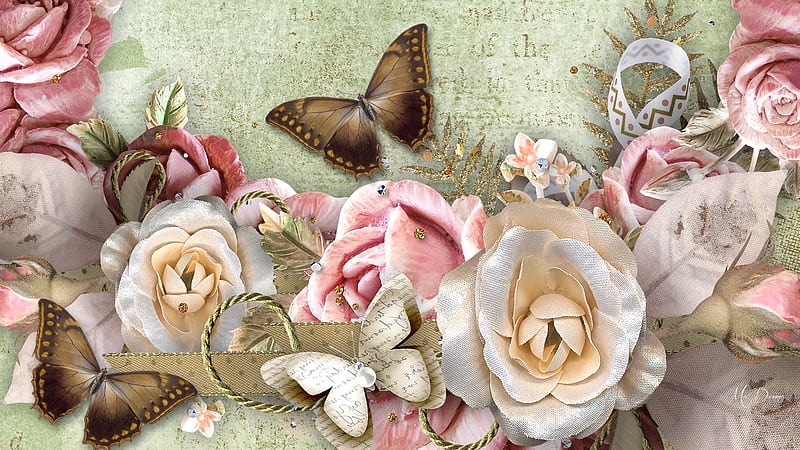 Old Fashion Flowers, butterfly, glitter, flowers, silk, old, roses, ribbons, vintage, Firefox theme, HD wallpaper
