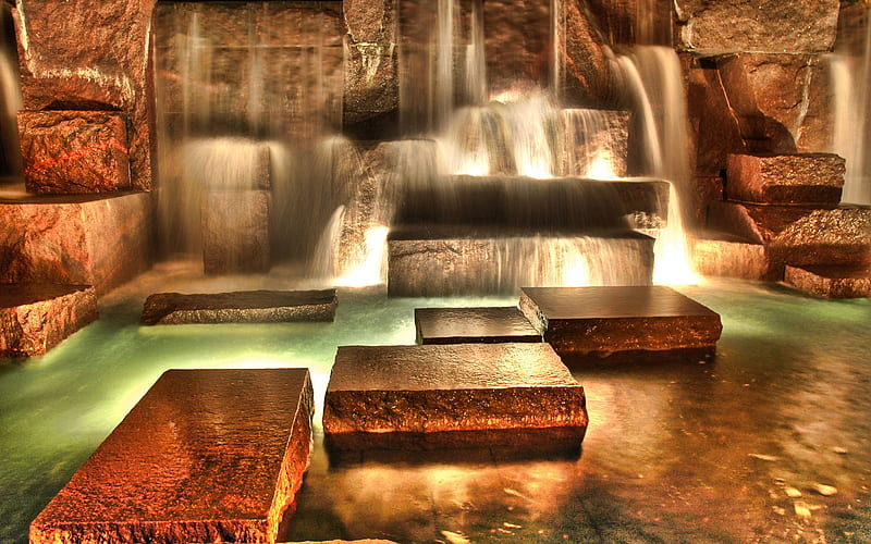 Beautiful Fountains, bronze, teal, stone, water fountains, HD wallpaper