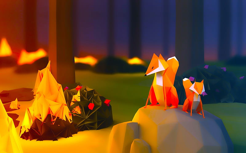 Foxes low poly art, forest, mother and cub, 3d art, HD wallpaper