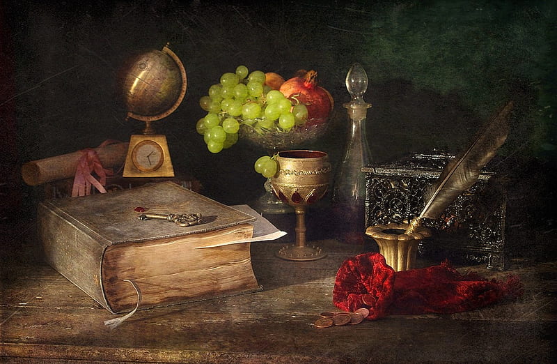 still life, pretty, book, box, bonito, coins, old, grapes, fruit, graphy, nice, elegance, beauty, harmony, letter, globe lovely, pomegranate, clock, delicate, key, glass, pen, cool, HD wallpaper