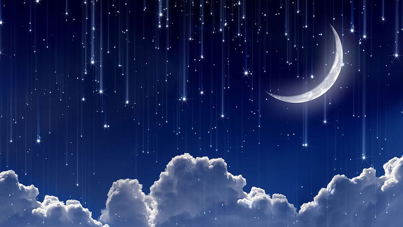 In my dreams, dreamy, sky, stars, falling, clouds, above, night, blue, crescent, fantasy, HD wallpaper