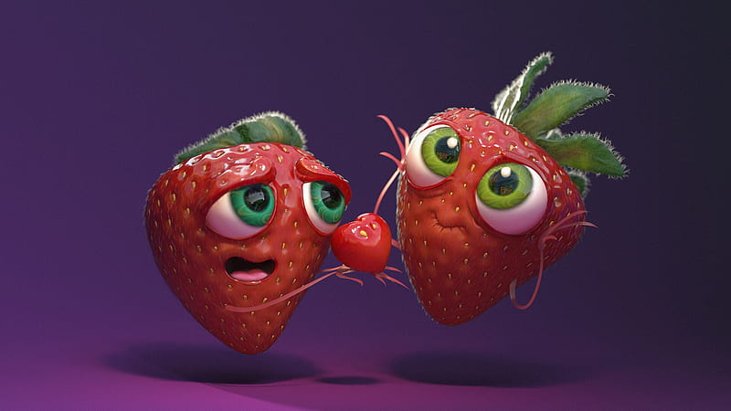 My Berry Heart, red, strawberry, luminos, valentine, card, jose limon, capsuni, fantasy, green, purple, heart, funny, eyes, couple, HD wallpaper