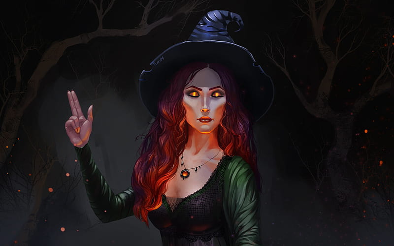 Witch, art, fantasy, luminos, lord m, girl, dark, hat, redhead, HD ...