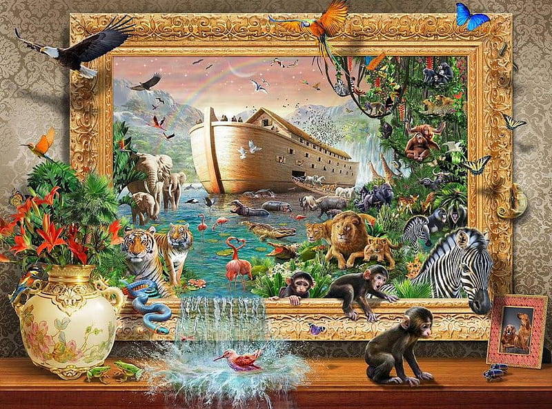 Noah's Coming from the Wall, frame, eagle, monkeys, artwork, lion, water, arch, ship, painting, animals, HD wallpaper