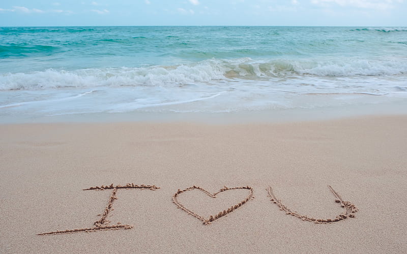 I love you, sea, beach, sand, inscription on the sand, waves, voyage, seascape, HD wallpaper