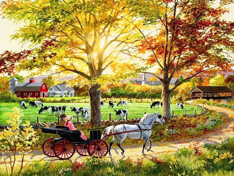 Country ride, pretty, family, grass, sunny, cart, bonito, woman, countryside, farm, nice, pastoral, painting, path, village, light, cows, rustic, calmness, lovely, sunlight, man, spring, country, horses, serenity, rays, ride, peaceful, summer, treers, lady, HD wallpaper