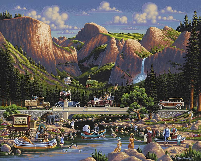 Yosemite, boats, mountains, national park, people, river, church, vintage, artwork, carros, digital, HD wallpaper