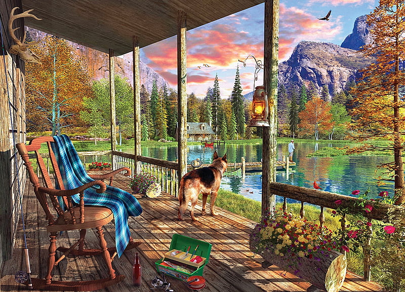 Sunset Ritual, sunset, lake, mountain, rocking, water, flowers, chair, dog, fishing, HD wallpaper