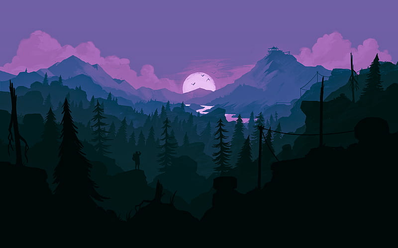Nightfall, draw, land, mountains, trees, HD wallpaper