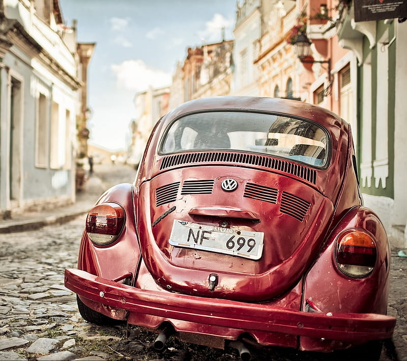 red Volkswagen beetle, vintage, car, HD wallpaper