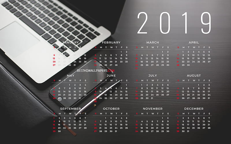 Business Calendar 2019 gray background, 2019 Yearly Calendar, notebook, smartphone, Gray Calendar 2019, Calendar 2019, Year 2019 Calendar, 2019 calendars, 2019 calendar, HD wallpaper