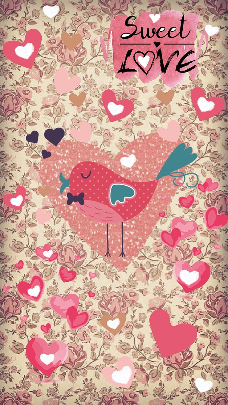Sweet Love, bird, chic, corazones, pink, shabby, HD phone wallpaper
