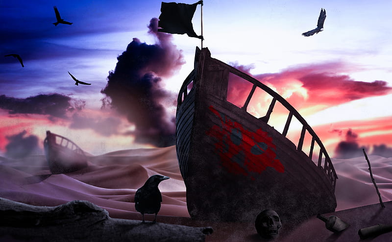 Ship Ultra, Aero, Creative, Ship, Desert, Birds, Raven, Pirate, manipulation, blackflag, HD wallpaper