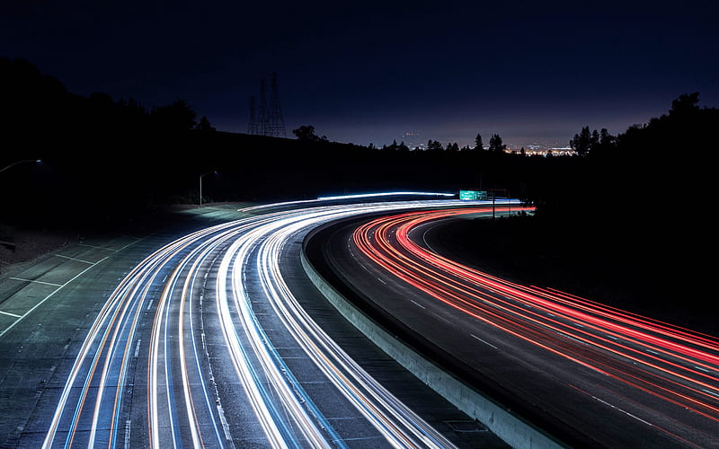 highway lights, night, car traffic, motion blur, road, car lights, highway, HD wallpaper