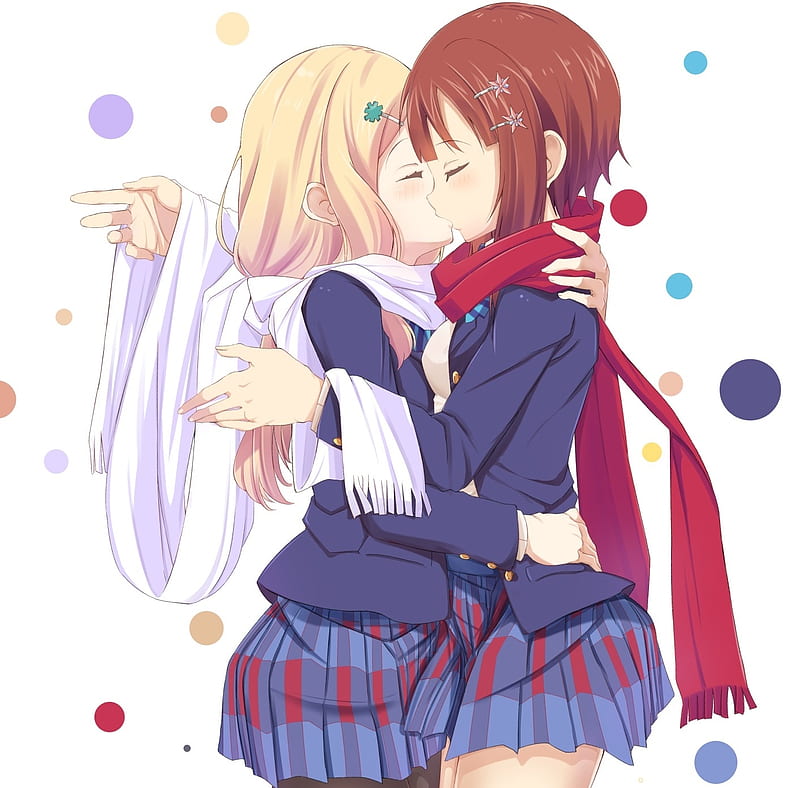 Tender Blushing Kiss, Love Live School Idol Project, Anime Couple, Couple, Arisa, Anime, Embrace, Blushing, Scarf, School Uniform, Arisa Ayase, Blonde, Long Hair, Kousaka, Tenderness, Ayase, Yukiho Kousaka, Yukiho, Lovers, Brunette, Seifuku, Kiss, Dots, Eyes Closed, Anime Girl, HD wallpaper