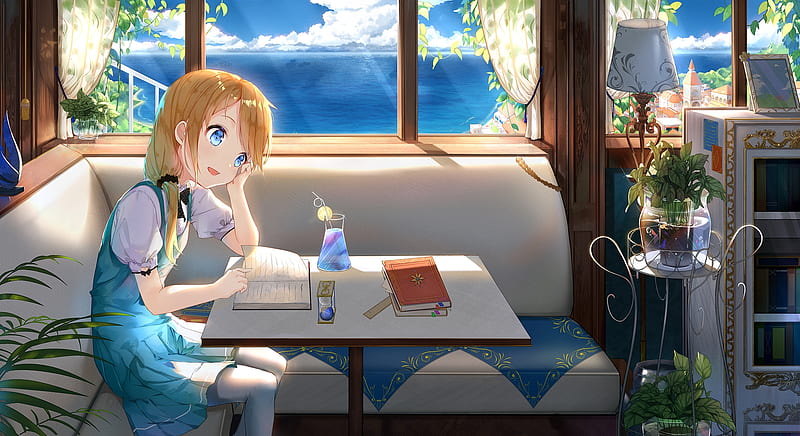 anime girl, blonde, cafe, couch, ocean, blue eyes, Anime, HD wallpaper