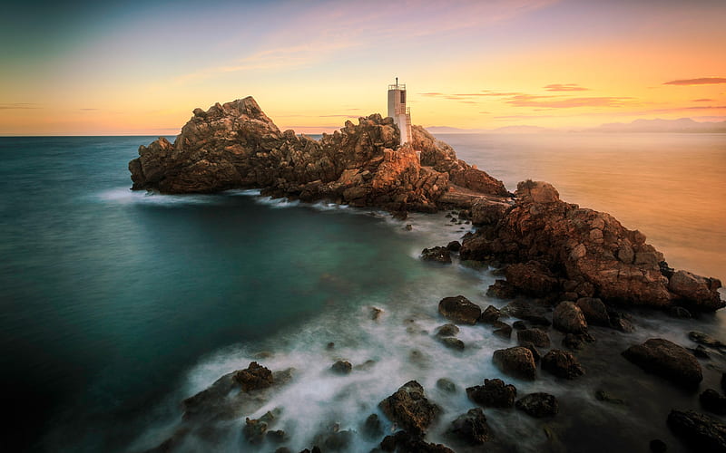 seascape, calm sea, lighthouse, sunset, evening, coast, rocks, HD wallpaper