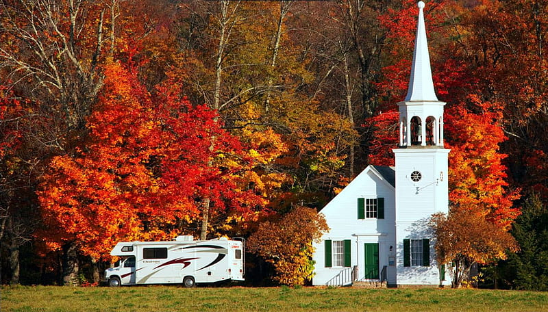 Church in Maine, New England, fall, autumn, leaves, car, colors, nature, trees, HD wallpaper