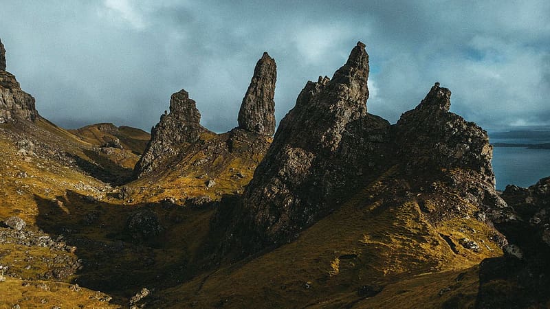 Rock formations on the Isle of Skye, Scotland, landscape, clouds, sky, rocks, island, HD wallpaper