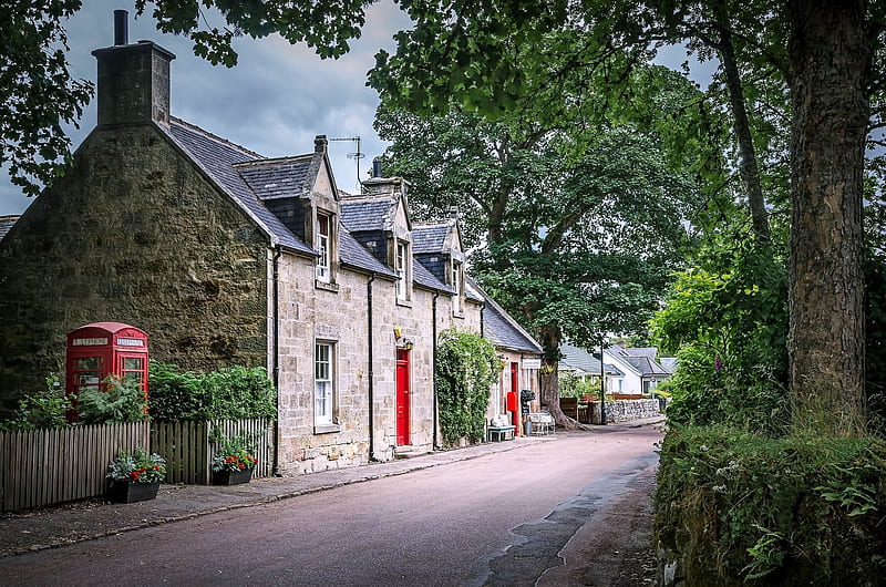 village of cawdor, fence, stone house, scotland, HD wallpaper