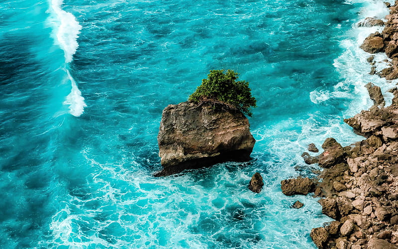 Bali, ocean, waves, rock, coast, Indian Ocean, Indonesia, tropical islands, HD wallpaper