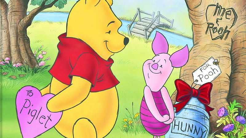 Winnie the Pooh and Piglet, winnie the pooh, Piglet, trees, heart, HD wallpaper