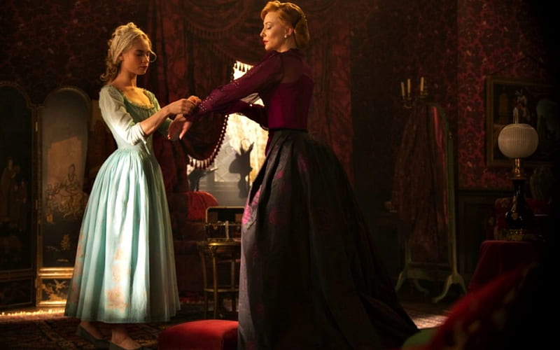 Cinderella (2015), red, Cinderella, Lily James, dress, movie, woman, Cate Blanchett, fantasy, couple, Lady Tremaine, disney, HD wallpaper