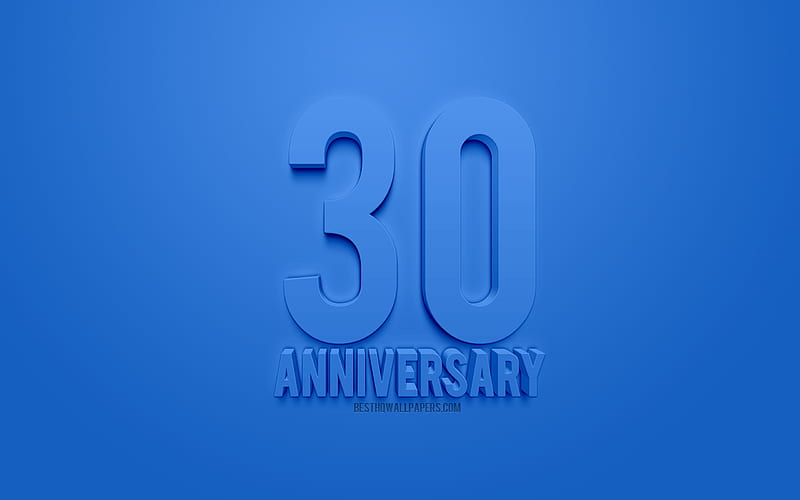 30 anniversary sign, anniversary concepts, blue 3d art, blue background, blue letters, anniversary cards, 30 anniversary, HD wallpaper
