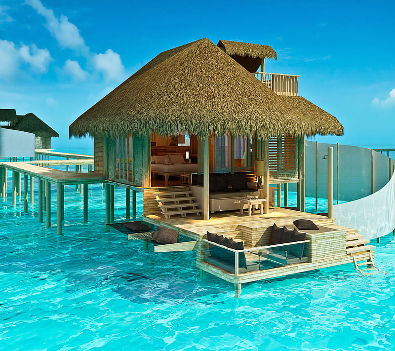 Q Tropics, home, house, ocean, paradise, sea, tropical, HD wallpaper