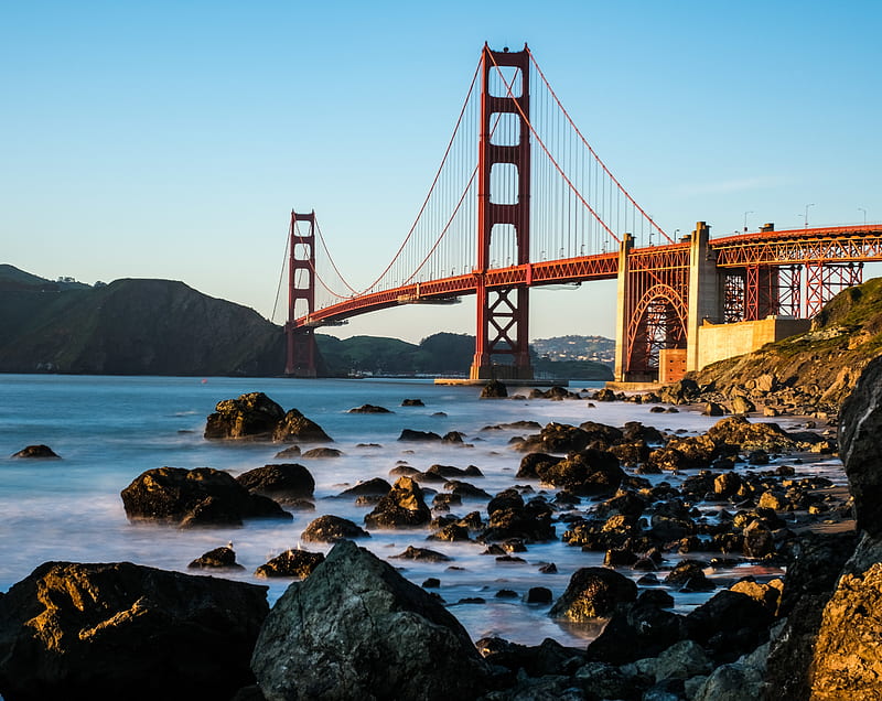 Golden Gate Bridge Marshall Beach Ultra, United States, California, beach, Sunset, Rocks, Bridge, sanfrancisco, goldengatebridge, marshallbeach, HD wallpaper