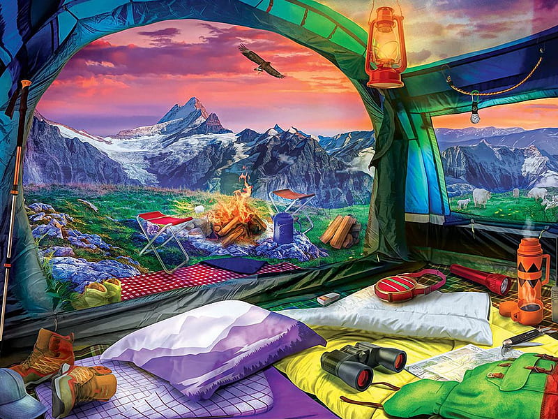 Hiker's Dream, painting, eagle, sunset, bed, caravan, landscape, table, binoculars, lamp, campfire, mountains, HD wallpaper