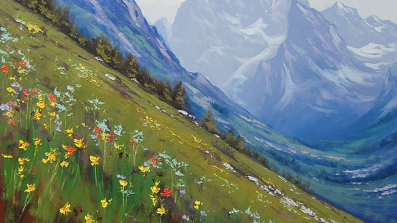 Artistic, Painting, Flower, Meadow, Mountain, Valley, HD wallpaper