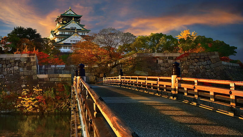 castle, japan, bridge, osaka-her, architecture, osaka, catle, HD wallpaper