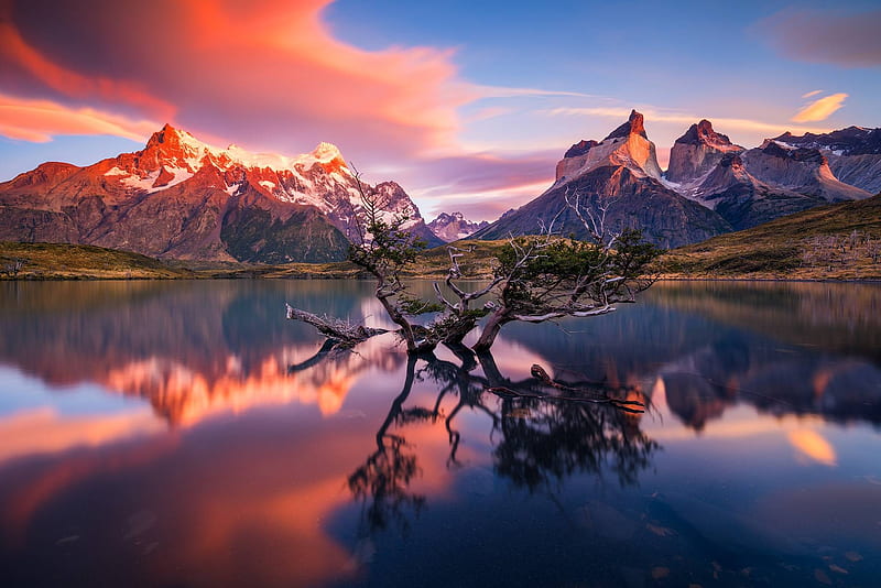 sunset at Torres del Paine National Park, cool, mountains, nature, sunset, fun, lake, HD wallpaper