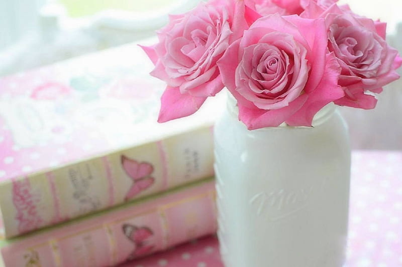 Chic Pink & White, chic, romantic, books, love four seasons, vase, roses, still life, Valentines, beloved valentines, white, pink, HD wallpaper