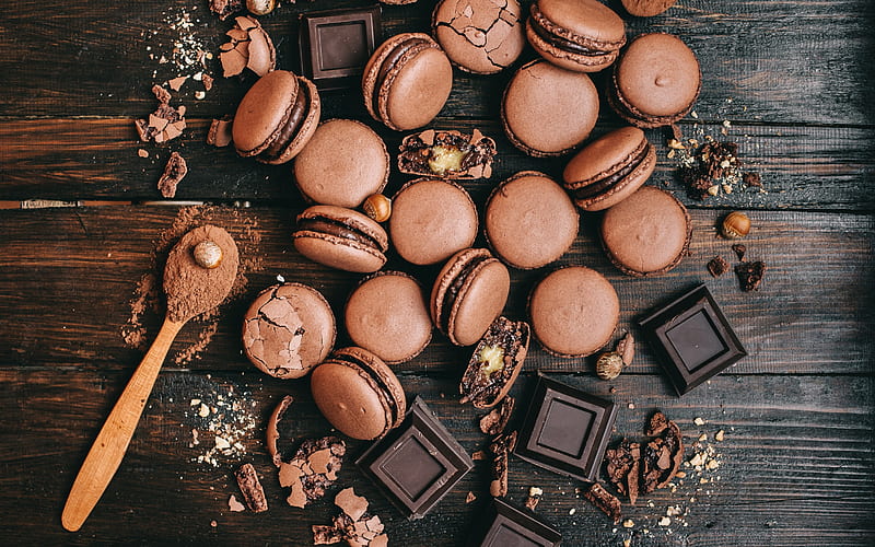 Chocolate Macarons, cookie, macaron, dessert, chocolate, food, HD wallpaper