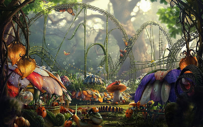 Fantasy forest, world, orange, mushroom, dew, ladybug, fantasy, tale, green, water drops, flower, rain, fairy, blue, HD wallpaper