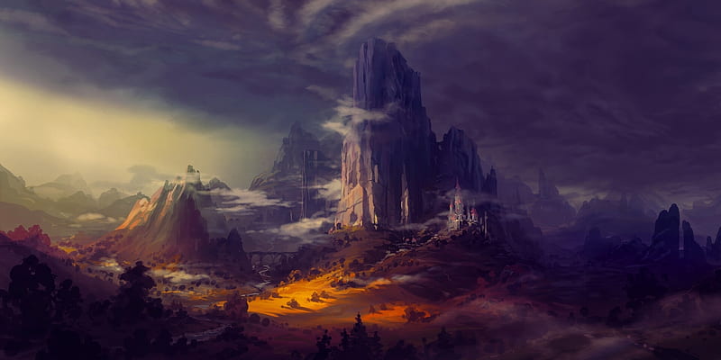 fantasy castle, darkness, mountain, fantasy landscape, Fantasy, HD wallpaper